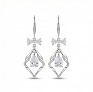 AGOR 925 Sterling Silver Bow and Geometric Floating Stone Drop Earrings Jewellery