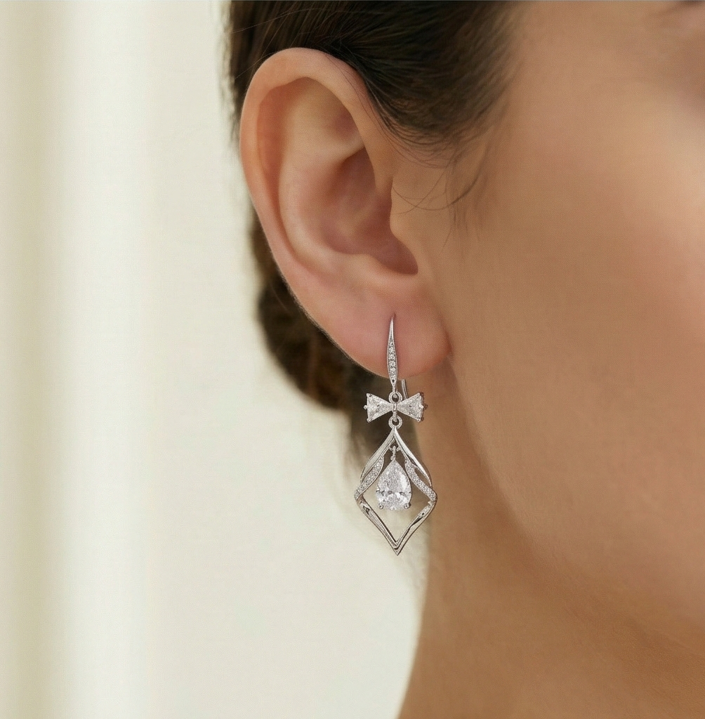 925 Sterling Silver Bow and Geometric Floating Stone Drop Earrings Jewellery