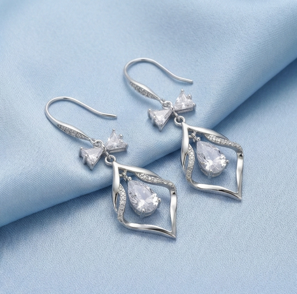 925 Sterling Silver Bow and Geometric Floating Stone Drop Earrings Jewellery