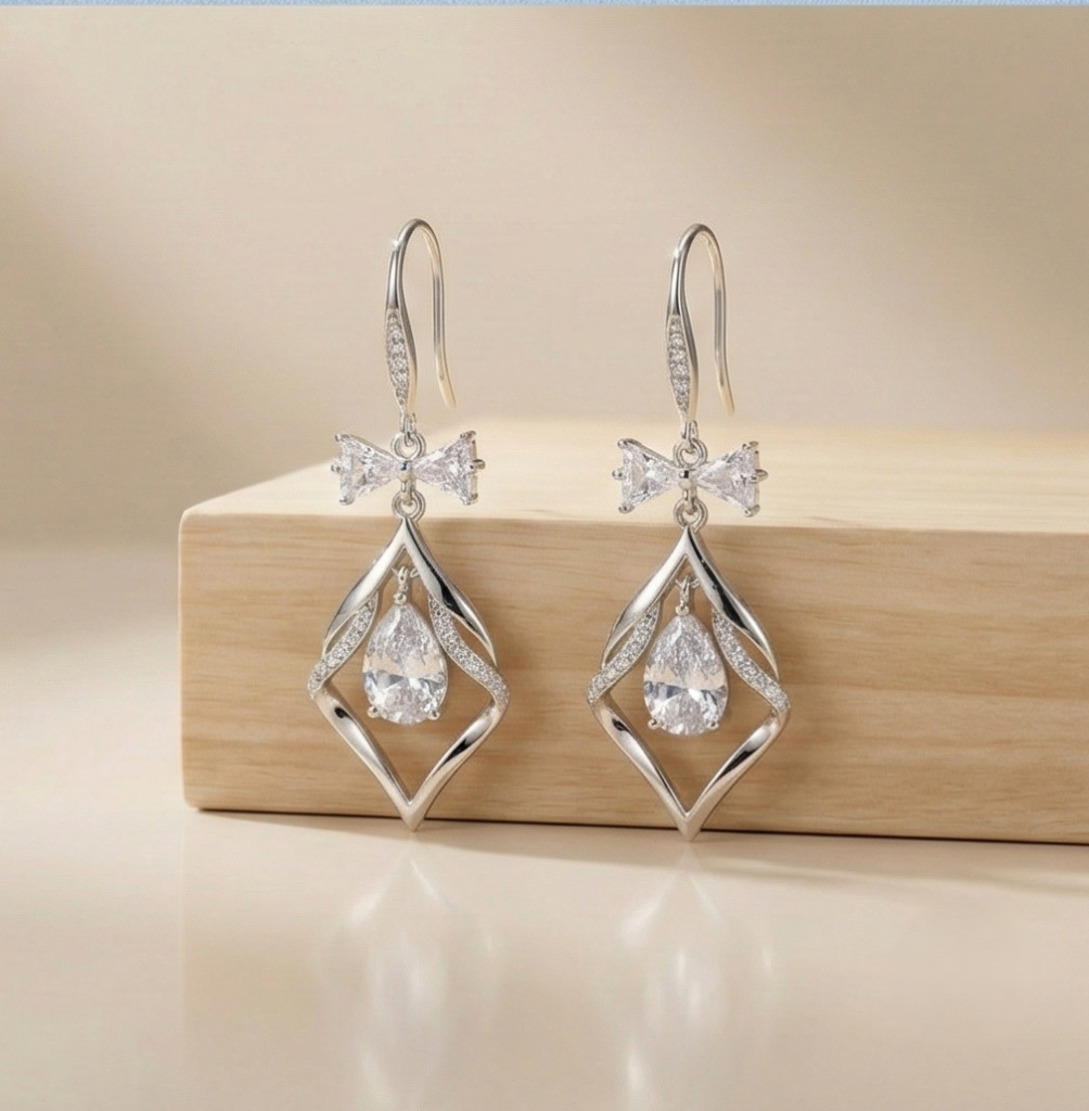 AGOR 925 Sterling Silver Bow and Geometric Floating Stone Drop Earrings Jewellery