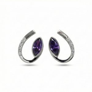 AGOR 925 Sterling Silver Modern Curved Marquise Purple Stone Stud Earrings Jewellery for Women