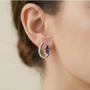 AGOR 925 Sterling Silver Modern Curved Marquise Purple Stone Stud Earrings Jewellery for Women