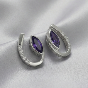 AGOR 925 Sterling Silver Modern Curved Marquise Purple Stone Stud Earrings Jewellery for Women