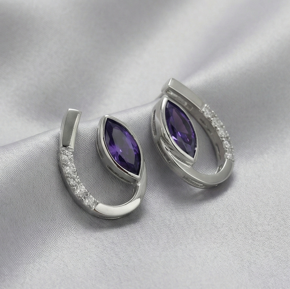 925 Sterling Silver Modern Curved Marquise Purple Stone Stud Earrings Jewellery for Women