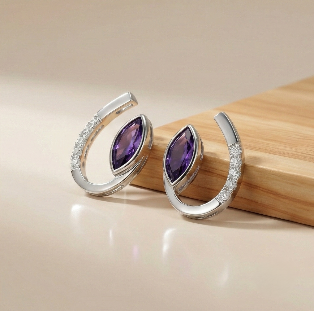 925 Sterling Silver Modern Curved Marquise Purple Stone Stud Earrings Jewellery for Women