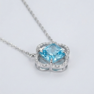 AGOR 925 Sterling Silver Blue Cushion Stone Openwork Pendant Necklace Jewellery