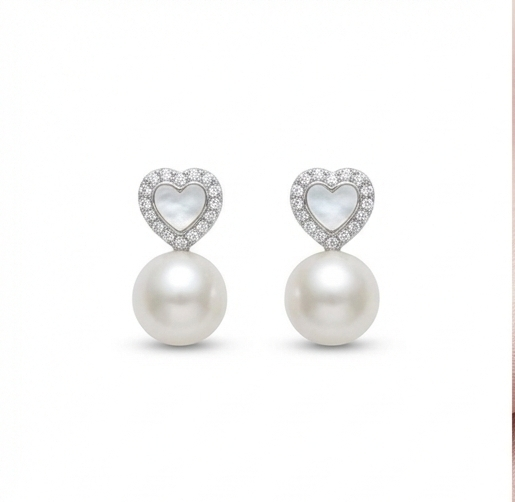 925 Sterling Silver Heart Stud with Pearl Drop Earrings Jewellery High Polish Rhodium Finish