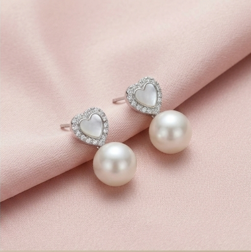 925 Sterling Silver Heart Stud with Pearl Drop Earrings Jewellery High Polish Rhodium Finish