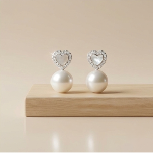 AGOR 925 Sterling Silver Heart Stud with Pearl Drop Earrings Jewellery High Polish Rhodium Finish