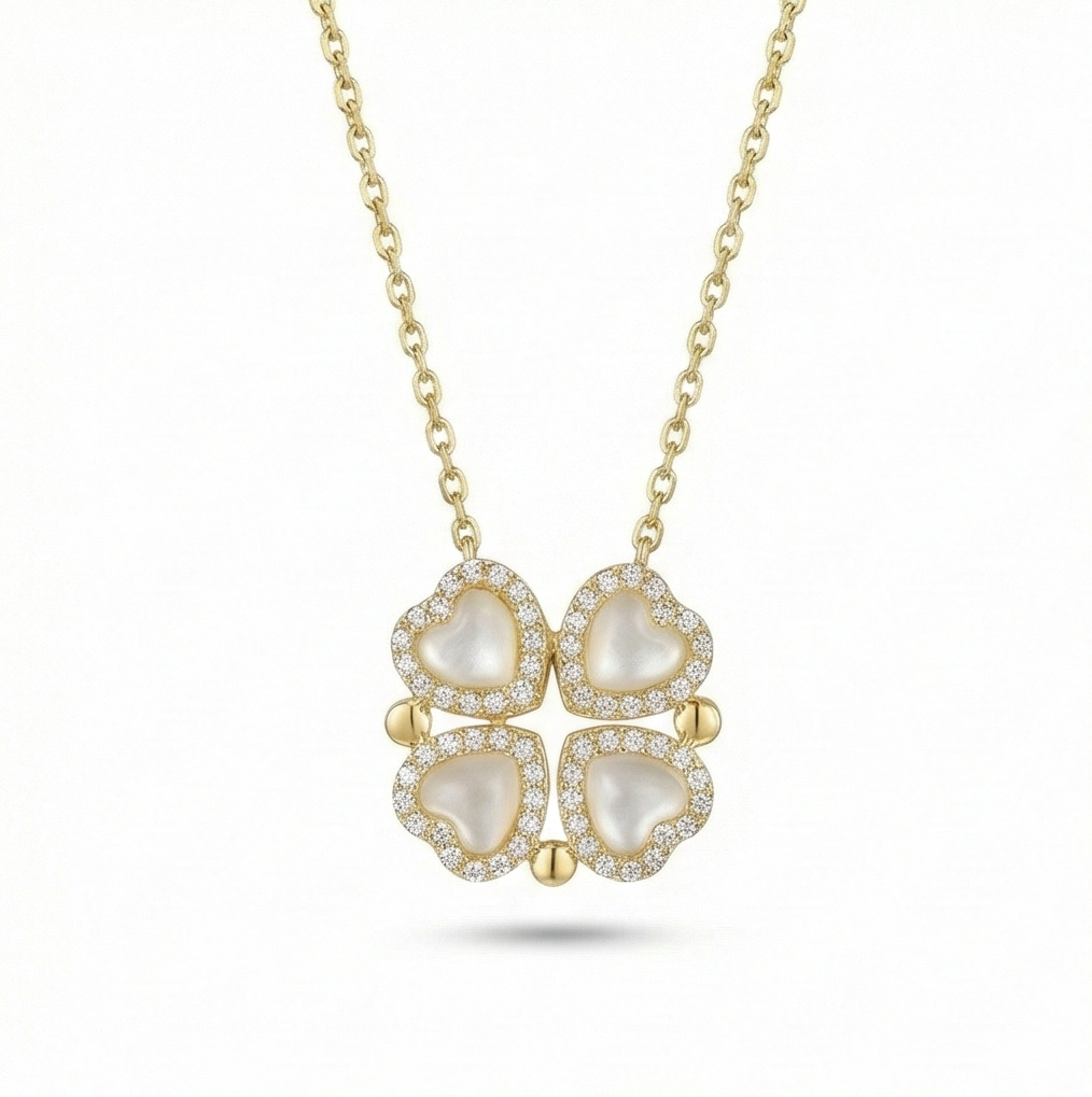 925 Sterling Silver Gold Plated Pearlescent Clover Pendant Necklace Jewellery for Women