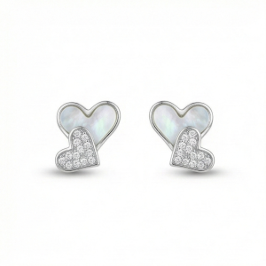 AGOR 925 Sterling Silver Double Heart Stud Earrings with Inlay and Pave Accents Jewellery