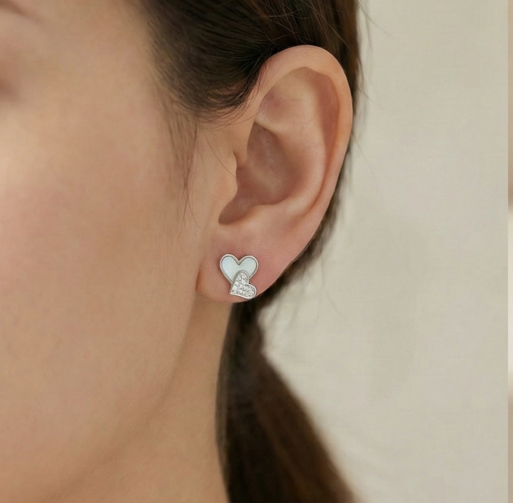 AGOR 925 Sterling Silver Double Heart Stud Earrings with Inlay and Pave Accents Jewellery