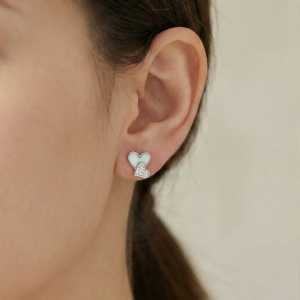 925 Sterling Silver Double Heart Stud Earrings with Inlay and Pave Accents Jewellery