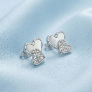 AGOR 925 Sterling Silver Double Heart Stud Earrings with Inlay and Pave Accents Jewellery