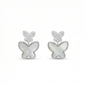 AGOR 925 Sterling Silver Double Butterfly Earrings Mother of Pearl Inlay Rhodium Finish Jewellery