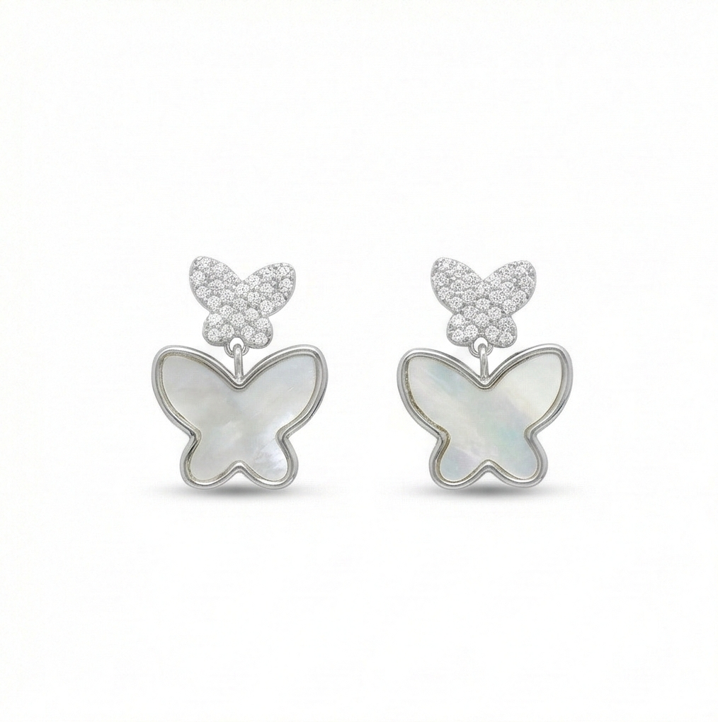 925 Sterling Silver Double Butterfly Earrings Mother of Pearl Inlay Rhodium Finish Jewellery