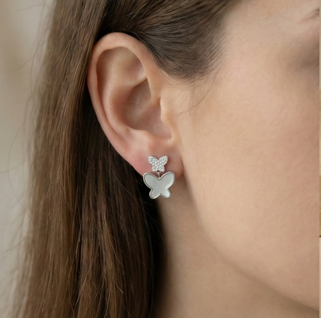 AGOR 925 Sterling Silver Double Butterfly Earrings Mother of Pearl Inlay Rhodium Finish Jewellery