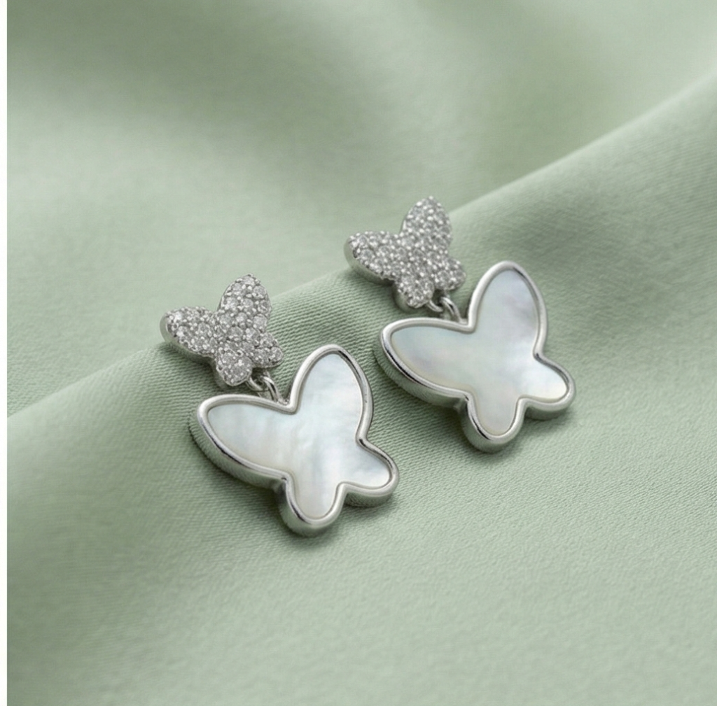 AGOR 925 Sterling Silver Double Butterfly Earrings Mother of Pearl Inlay Rhodium Finish Jewellery