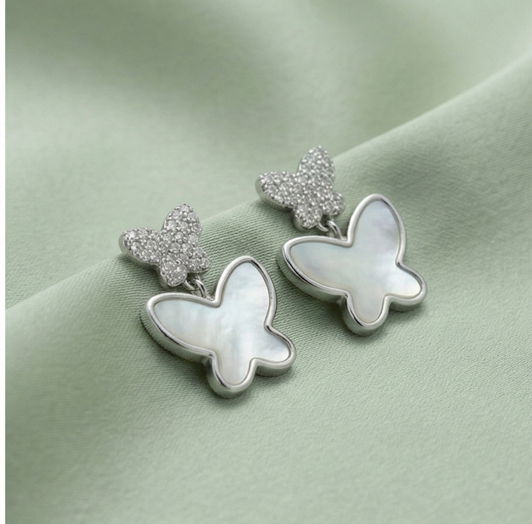 925 Sterling Silver Double Butterfly Earrings Mother of Pearl Inlay Rhodium Finish Jewellery