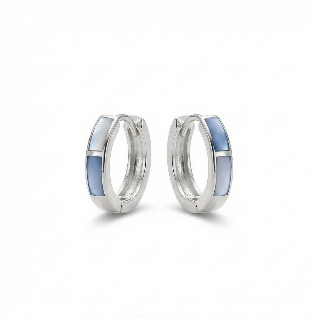 925 Sterling Silver Light Blue Rectangular Inlay Huggie Hoop Earrings for Women Rhodium Plated Jewellery