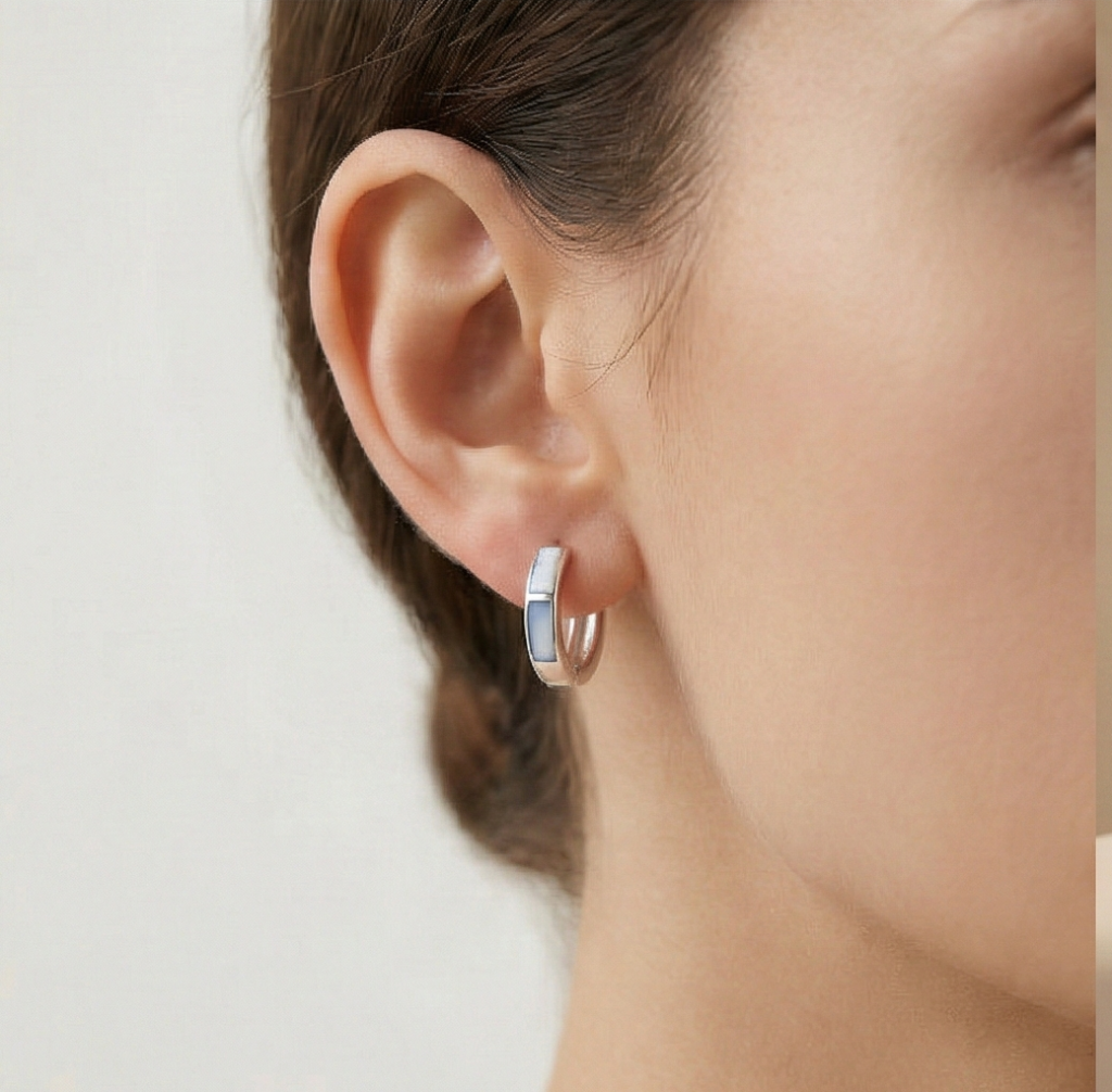 AGOR 925 Sterling Silver Light Blue Rectangular Inlay Huggie Hoop Earrings for Women Rhodium Plated Jewellery