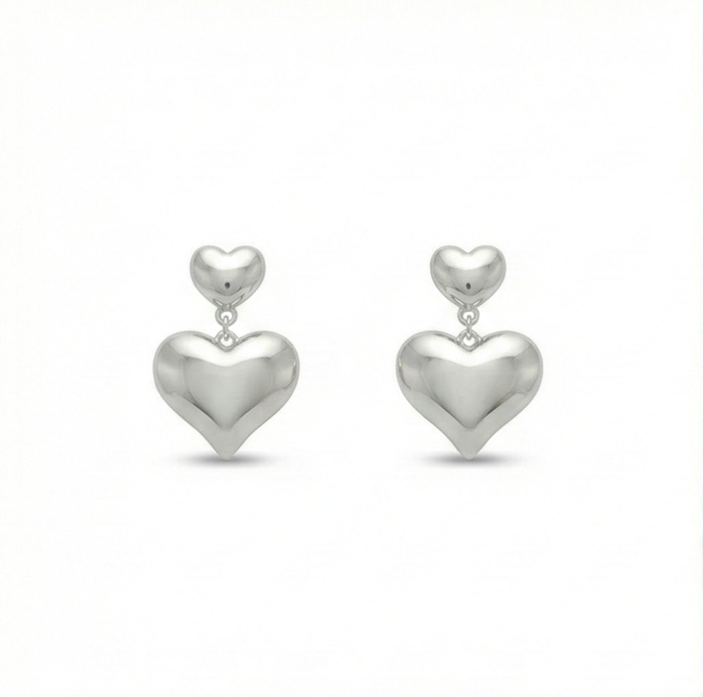 AGOR 925 Sterling Silver Double Puffed Heart Drop Earrings Jewellery High Polish