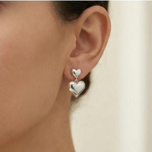 AGOR 925 Sterling Silver Double Puffed Heart Drop Earrings Jewellery High Polish