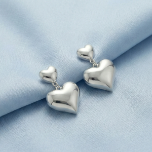 AGOR 925 Sterling Silver Double Puffed Heart Drop Earrings Jewellery High Polish