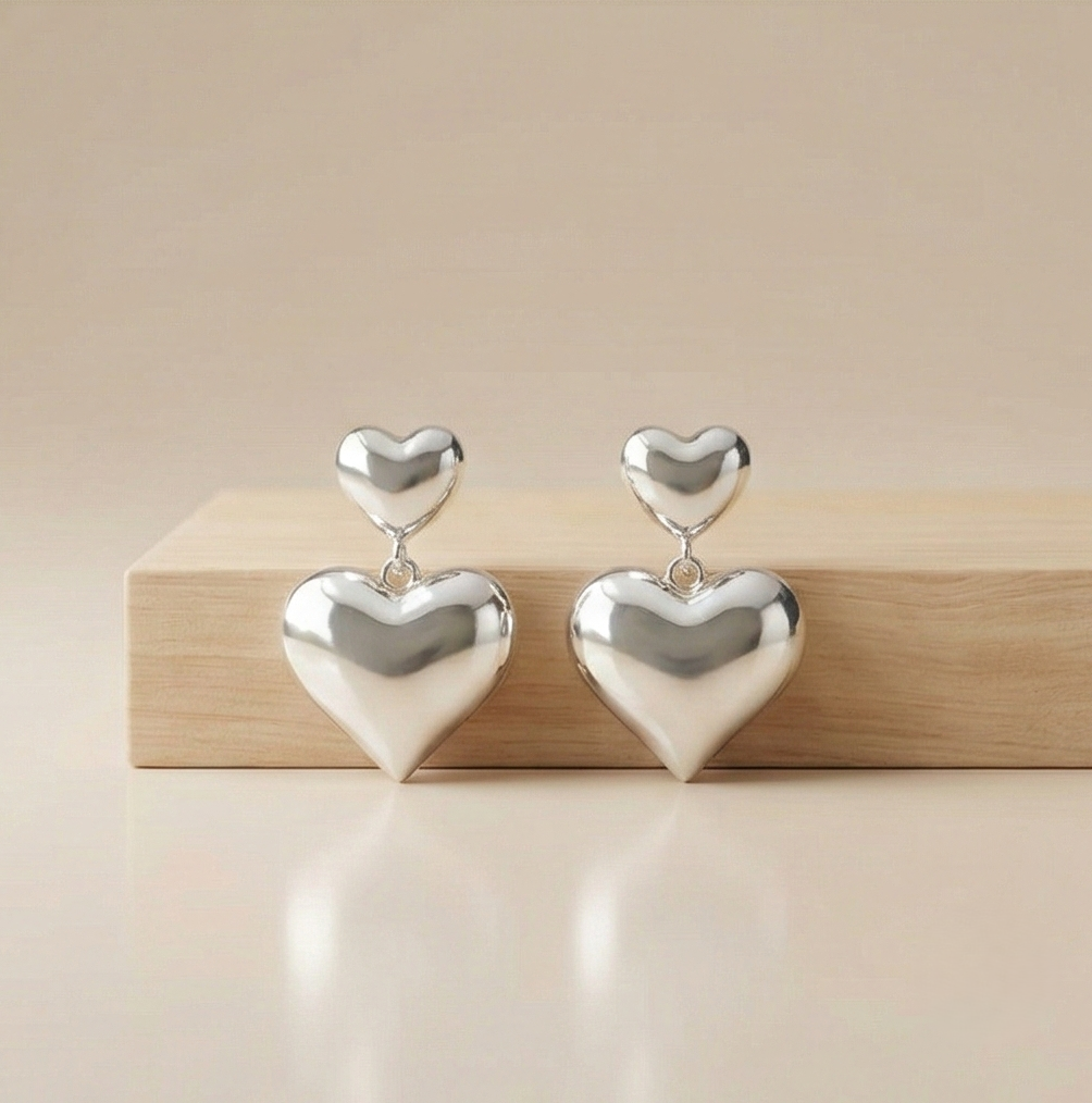 925 Sterling Silver Double Puffed Heart Drop Earrings Jewellery High Polish