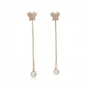 AGOR 925 Sterling Silver Rose Gold Plated Butterfly and Pearl Long Drop Earrings Jewellery