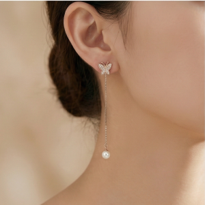 AGOR 925 Sterling Silver Rose Gold Plated Butterfly and Pearl Long Drop Earrings Jewellery