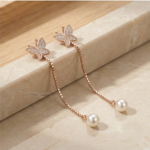 AGOR 925 Sterling Silver Rose Gold Plated Butterfly and Pearl Long Drop Earrings Jewellery