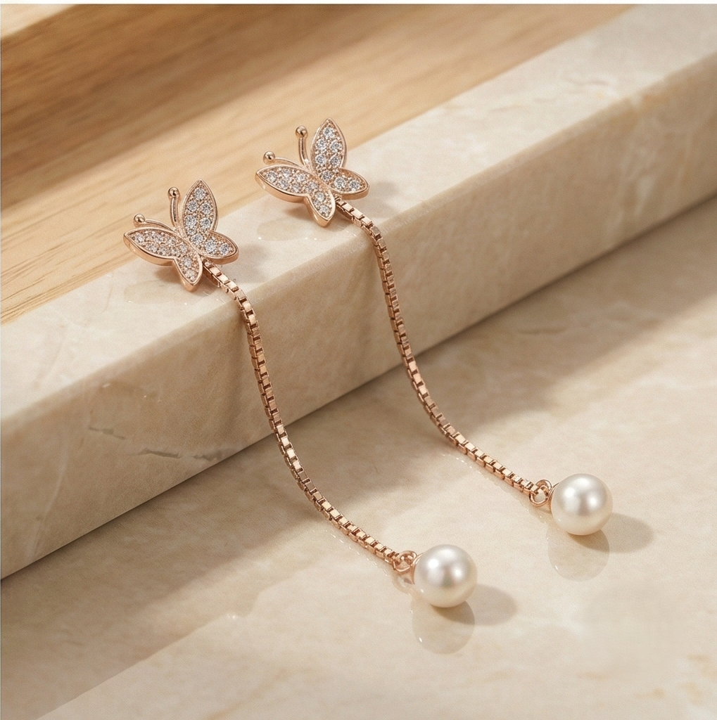 925 Sterling Silver Rose Gold Plated Butterfly and Pearl Long Drop Earrings Jewellery