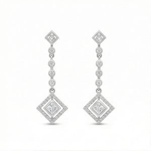 AGOR 925 Sterling Silver Geometric Linear Drop Earrings with Art Deco Square Halo Design Jewellery