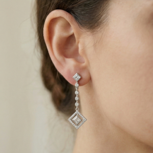 AGOR 925 Sterling Silver Geometric Linear Drop Earrings with Art Deco Square Halo Design Jewellery