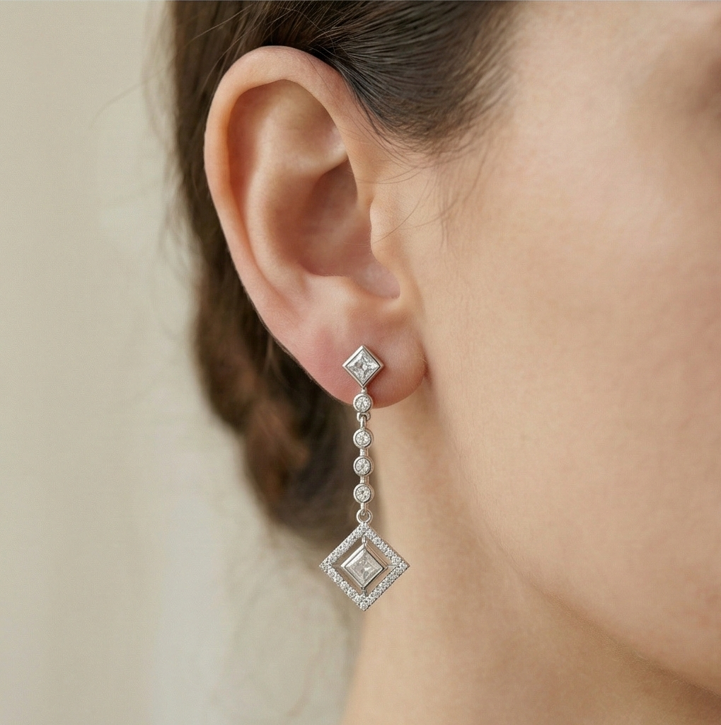 925 Sterling Silver Geometric Linear Drop Earrings with Art Deco Square Halo Design Jewellery