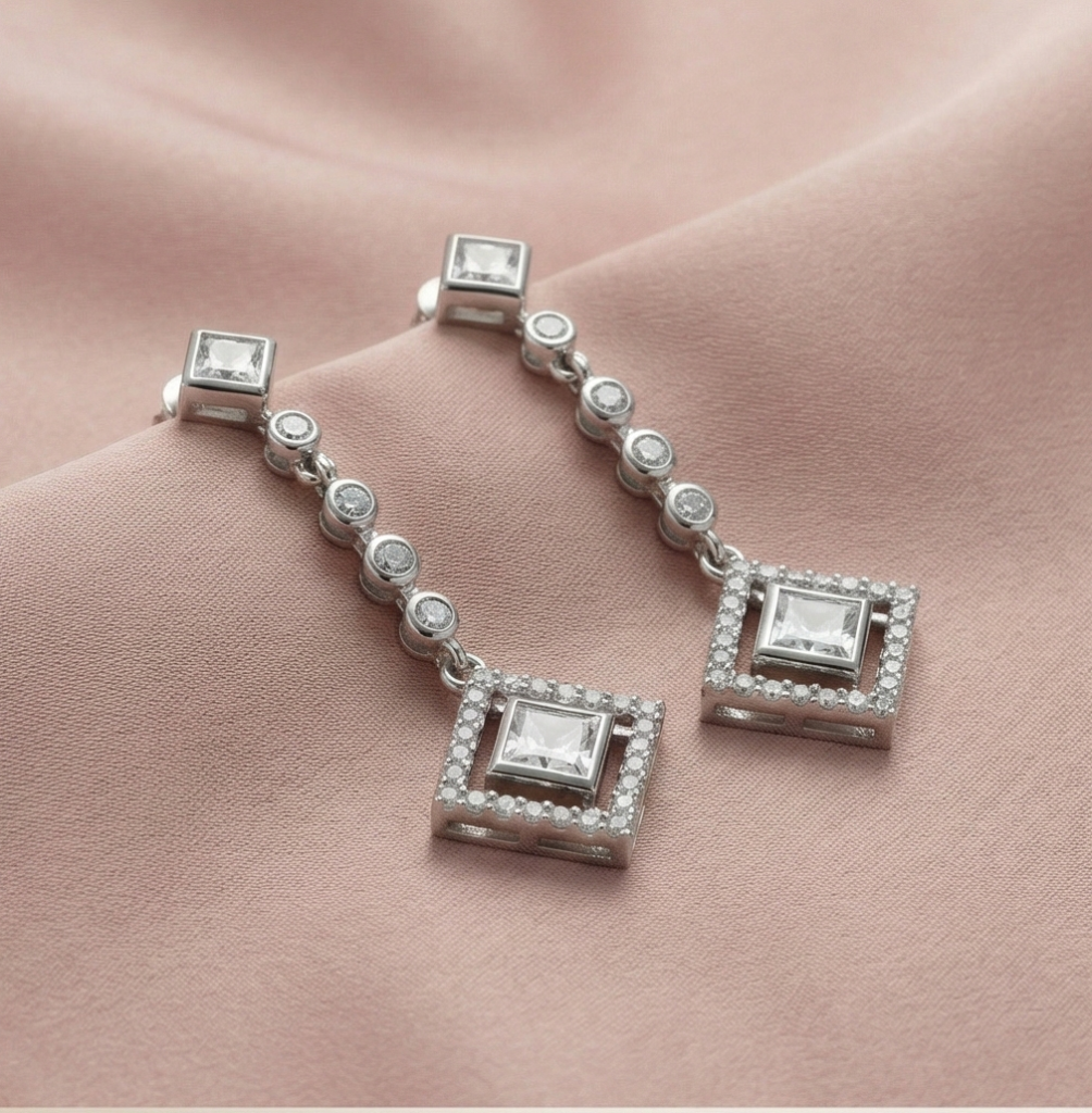 AGOR 925 Sterling Silver Geometric Linear Drop Earrings with Art Deco Square Halo Design Jewellery