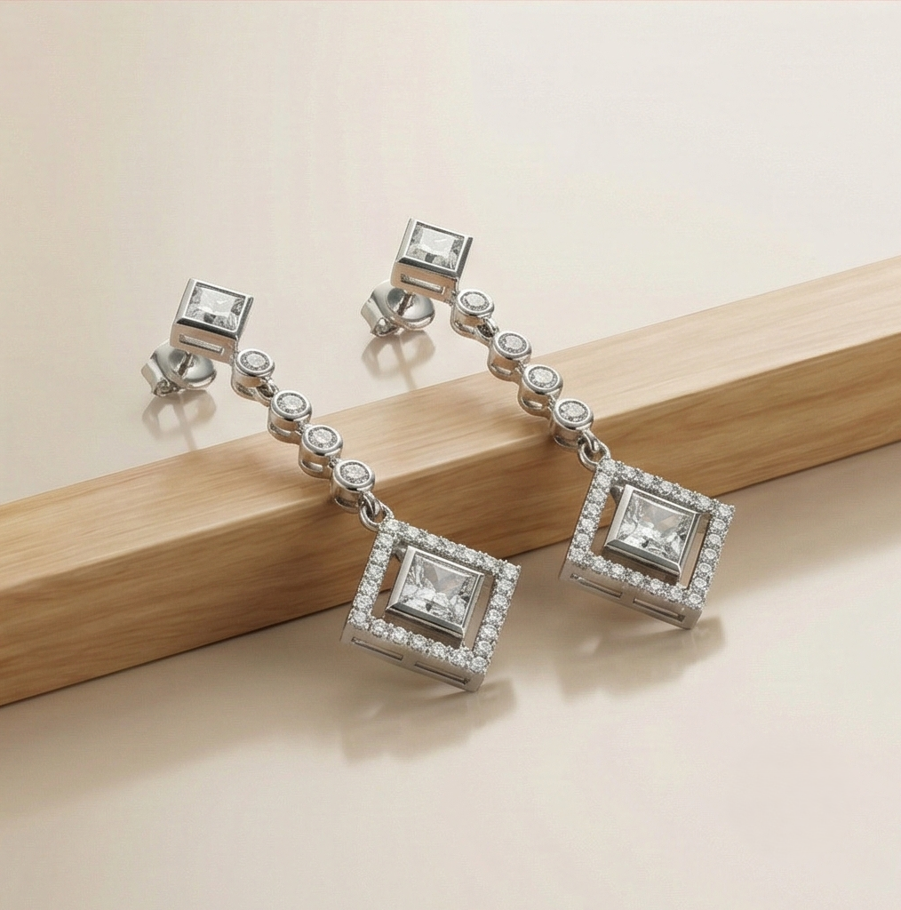 925 Sterling Silver Geometric Linear Drop Earrings with Art Deco Square Halo Design Jewellery