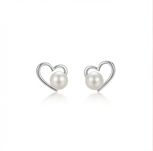 925 Sterling Silver Open Heart Pearl Stud Earrings Jewellery High Polish Rhodium Finish