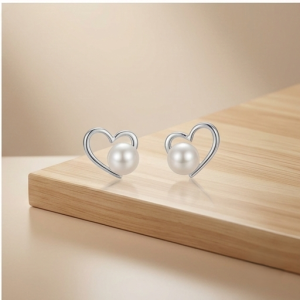 925 Sterling Silver Open Heart Pearl Stud Earrings Jewellery High Polish Rhodium Finish