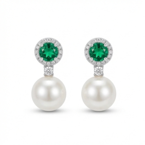 AGOR 925 Sterling Silver Green Stone Halo Pearl Drop Earrings Jewellery for Women High Rhodium Polish