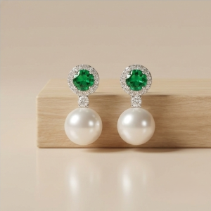 AGOR 925 Sterling Silver Green Stone Halo Pearl Drop Earrings Jewellery for Women High Rhodium Polish