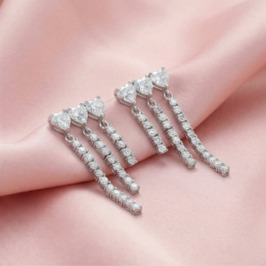 AGOR 925 Sterling Silver Triple Heart Waterfall Drop Earrings High Polish Rhodium Jewellery
