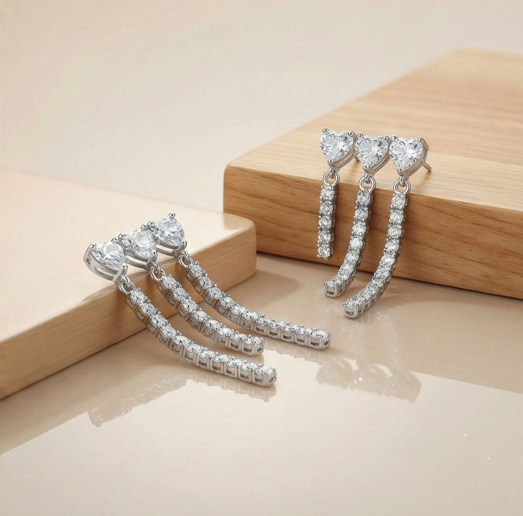 925 Sterling Silver Triple Heart Waterfall Drop Earrings High Polish Rhodium Jewellery