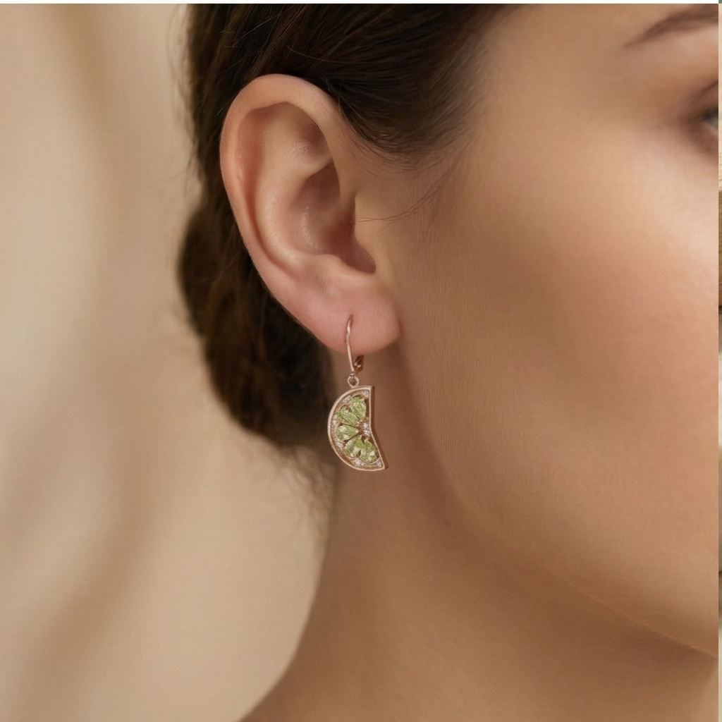 AGOR 925 Sterling Silver Rose Gold Plated Green Crystal Fruit Slice Drop Earrings Jewellery