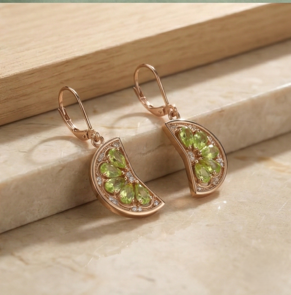 AGOR 925 Sterling Silver Rose Gold Plated Green Crystal Fruit Slice Drop Earrings Jewellery