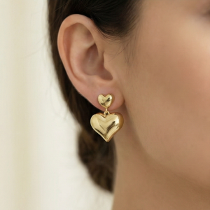 AGOR 925 Sterling Silver Gold Plated Double Puffed Heart Drop Earrings Jewellery