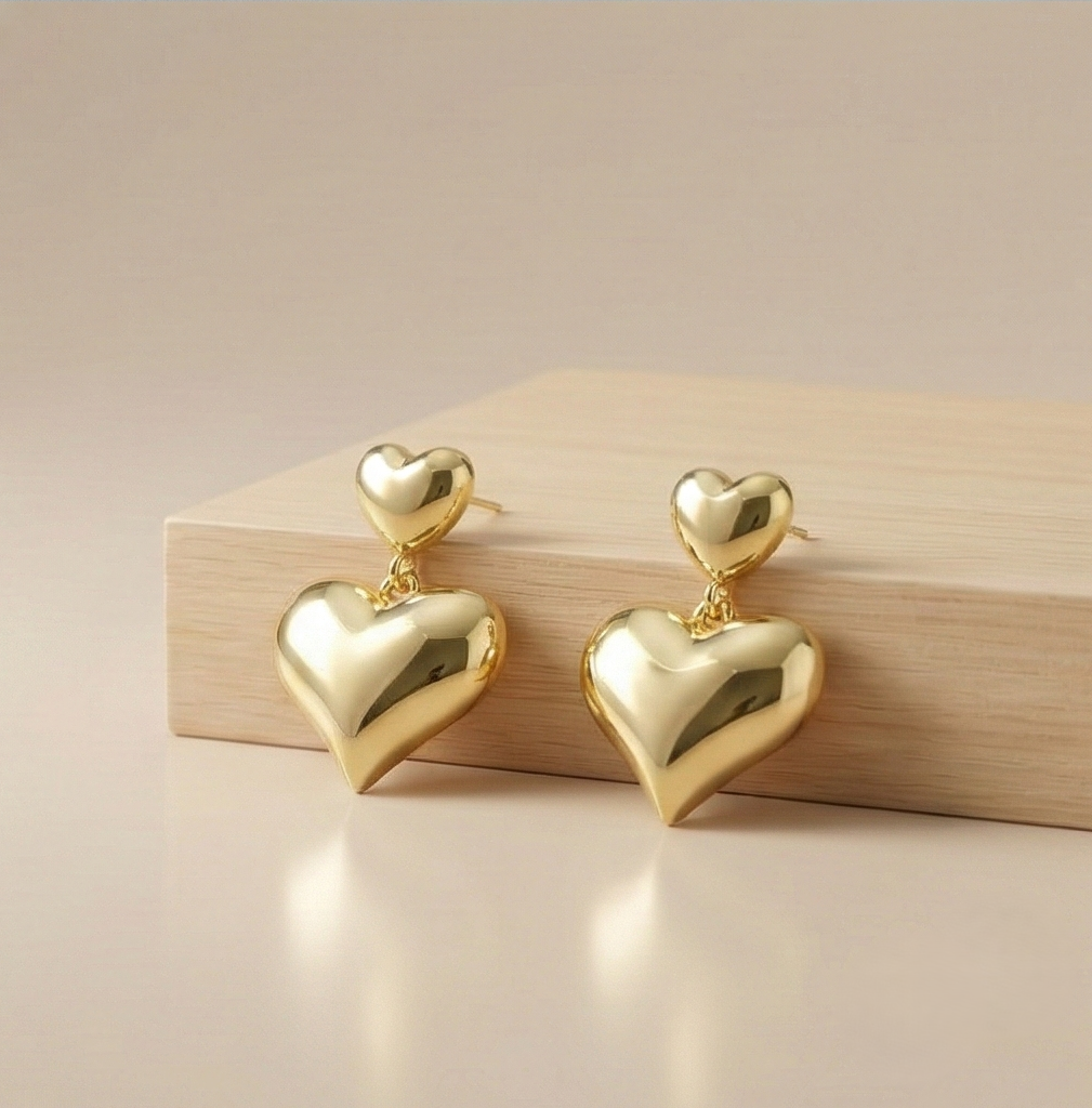 925 Sterling Silver Gold Plated Double Puffed Heart Drop Earrings Jewellery