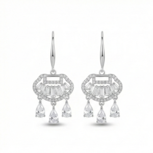 AGOR 925 Sterling Silver Art Deco Fan Chandelier Earrings with Pear Dangle Jewellery