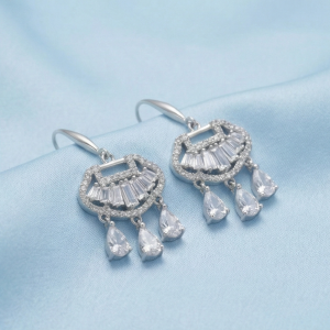AGOR 925 Sterling Silver Art Deco Fan Chandelier Earrings with Pear Dangle Jewellery